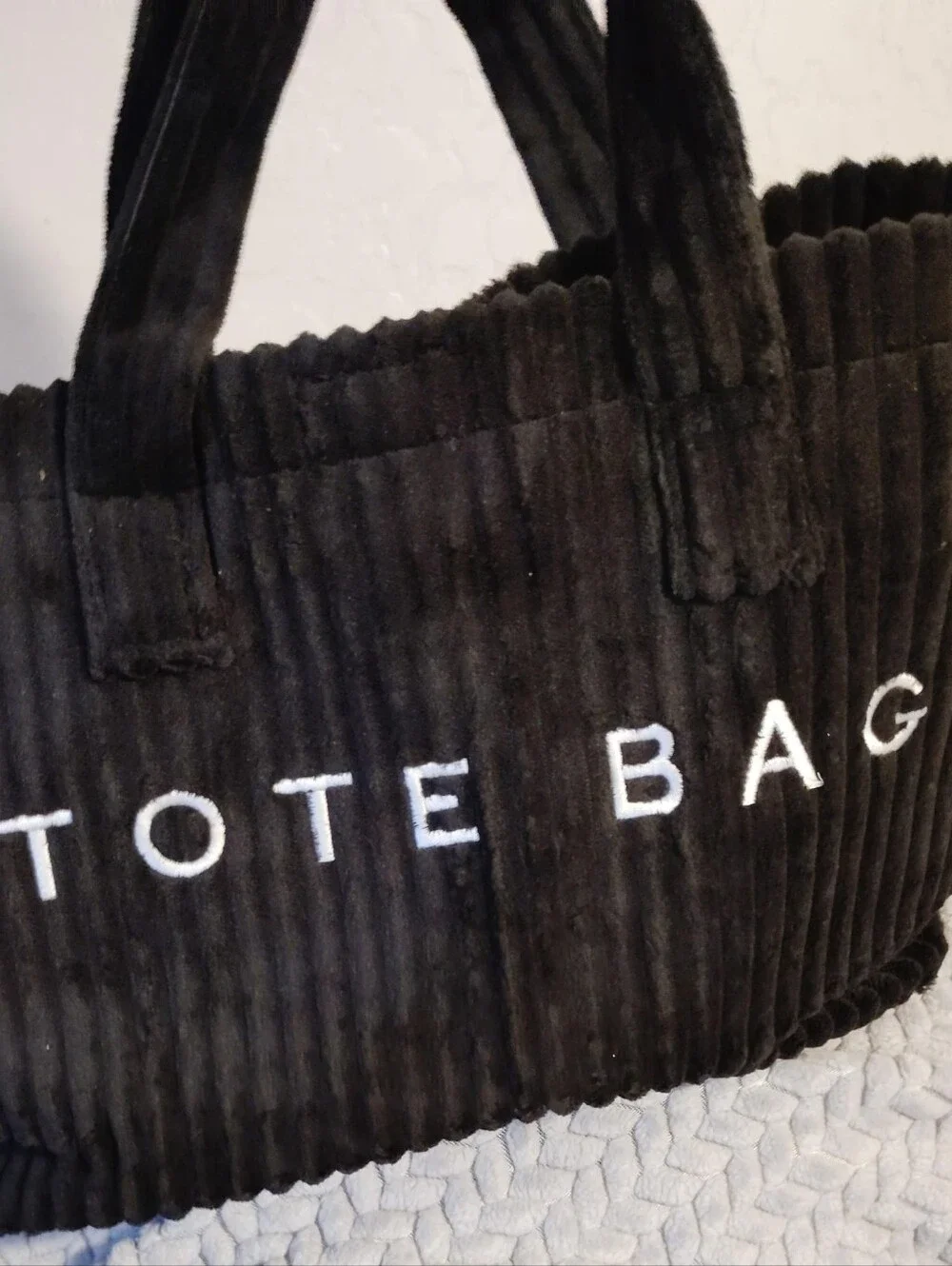Corduroy Black Tote Bag with White Embroidery